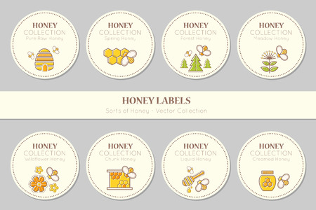 Vector label or sticker template with honey emblems. Natural honey tags collection (sorts of honey - pure raw, spring, chunk, meadow, wildflower, forest, liquid, creamed honey). Warm color paletteのイラスト素材