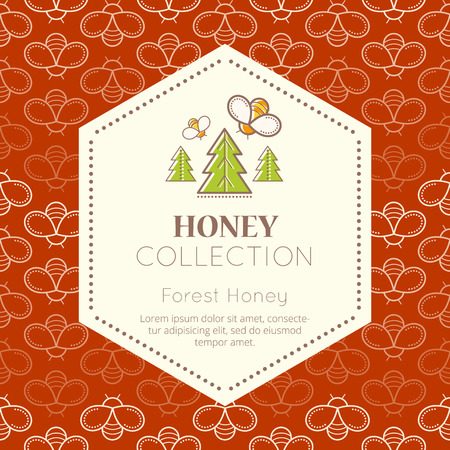Vector packaging template with seamless patterns. Natural honey collection (forest honey). Warm color palette of dark honey tintsのイラスト素材