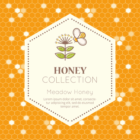Vector packaging template with seamless patterns. Natural honey collection (meadow honey). Warm color palette of golden tintsのイラスト素材