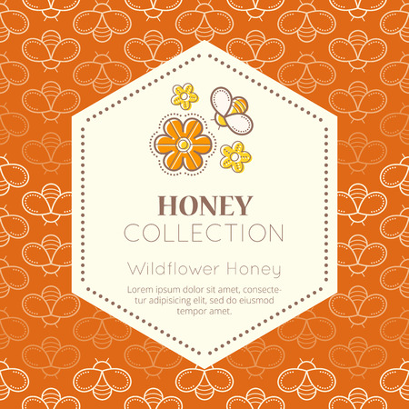 Vector packaging template with seamless patterns. Natural honey collection (wildflower honey). Warm color palette of golden tintsのイラスト素材