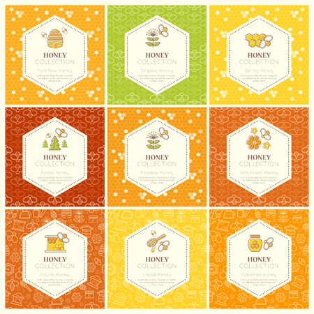 Vector packaging template with seamless patterns. Natural honey collection (sorts of honey - forest honey, meadow honey, wildflower honey). Warm color palette of golden tintsのイラスト素材