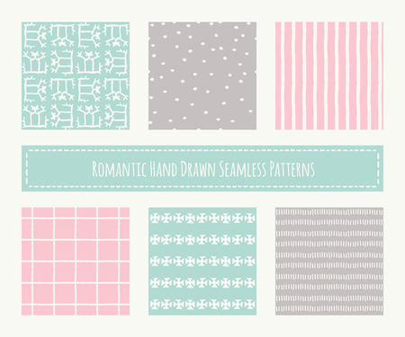 Big set of tribal seamless patterns with archaic geometric ornament. Primitive ethnic style with hand drawn endless texture. Pastel romantic color palette (pink, green, brown)のイラスト素材