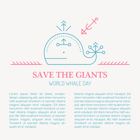 The world day of protection of whales - line style illustration with sample text. Save the giants - vector card template. Minimalistic outlined design.のイラスト素材