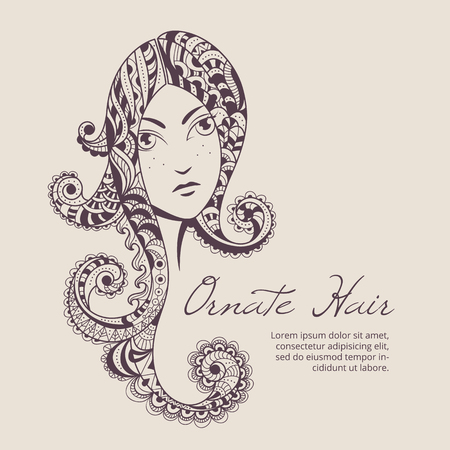 Zen art girl. Portrait of beautiful woman with ornate hair. Hand drawn vector style boho fashion illustration. Monochromeのイラスト素材