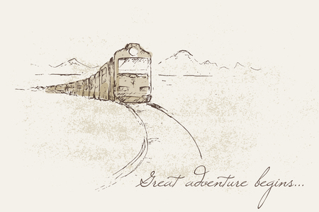 Sketch of running train - great adventure begins. Concept of romantic voyage. Vintage sepia illustrationのイラスト素材
