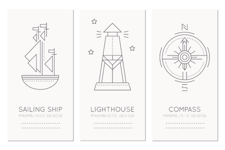 Nautical card design template with thin line style illustrations of sailing ship, lighthouse and compass rose. Minimalistic monochrome ship navigation tagsのイラスト素材