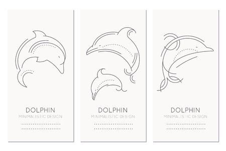 Nautical card design template with thin line style illustrations of jumpig dolphins. Minimalistic monochrome marine theme tagsのイラスト素材