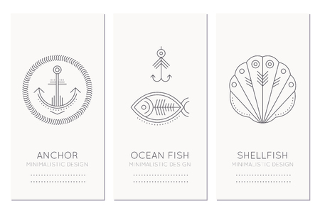 Nautical card design template with thin line style illustrations of fish, fishing hook, anchor, shellfish. Minimalistic monochrome marine theme tagsのイラスト素材