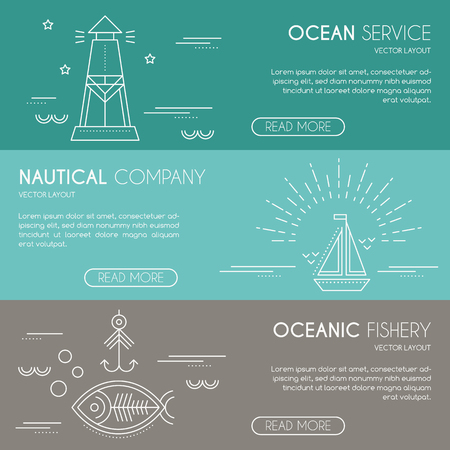 Nautical company, ocean service, oceanic fishery - business banner design template with thin line style illustration of lighthouse, sailboat, fish with fishing hook. Place for your text.のイラスト素材