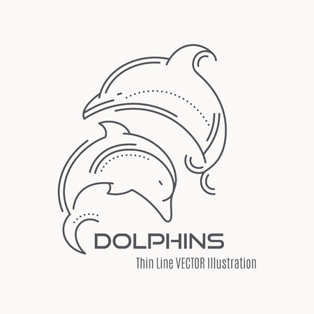 Line style nautical emblem - jumping dolphins vector illustration. Minimalistic outlined emblem. Elegant sea mammals design.のイラスト素材