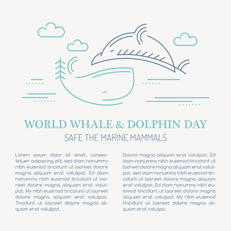 World whale and dolphin day - line style illustration with sample text. Save the giants - vector card template. Minimalistic outlined design.のイラスト素材