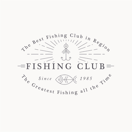 Premium class emblem of fishing club. Thin line style fish and fishing hook. Minimalistic vintage outlined logoのイラスト素材