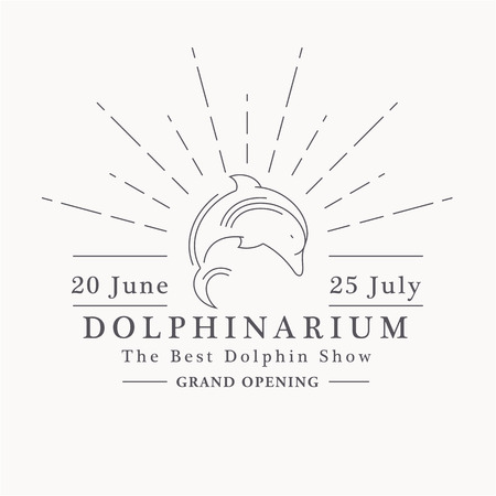 Premium class emblem of dolphinarium. Thin line style jumping dolphin with sun rays. The best dolphin show - minimalistic vintage outlined logoのイラスト素材