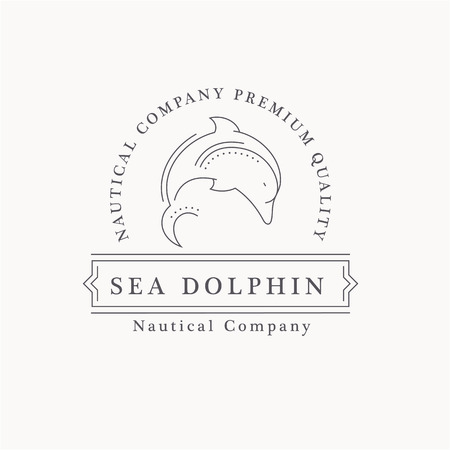 Premium class emblem with sea dolphin. Thin line style jumping dolphin logo. Minimalistic vintage outlined logoのイラスト素材