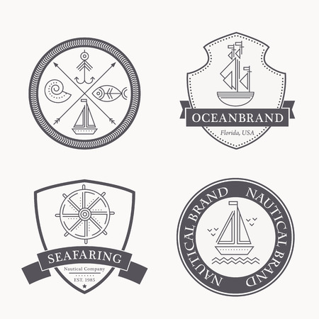 Set of nautical seafaring badges, labels or logos. Creative thin line design. Monochrome vector illustration with inspirational sample textのイラスト素材