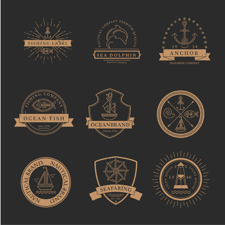 Set of nautical seafaring badges, labels or logos. Creative thin line design. Gold on black vector company brand with sample text. Textured (easy to remove)のイラスト素材