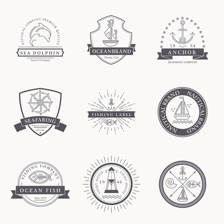 Set of nautical seafaring badges, labels or logos. Creative thin line design. Black on whitevector company brand with sample text. Textured (easy to remove)のイラスト素材