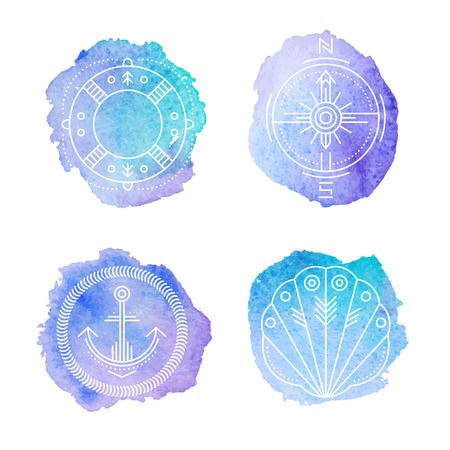 Set of 4 nautical badges with life buoy, shellfish, anchor and compass rose. Original design - stylized blue stamp with a white linear illustration. Seafaring signs on colorful watercolor textureのイラスト素材