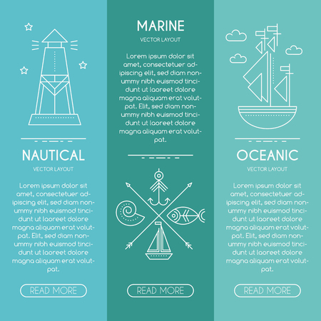 Nautical company, ocean service, oceanic fishery - business banner design template with thin line style illustration of lighthouse, sailship, fish, fishing hook. Place for your text.のイラスト素材