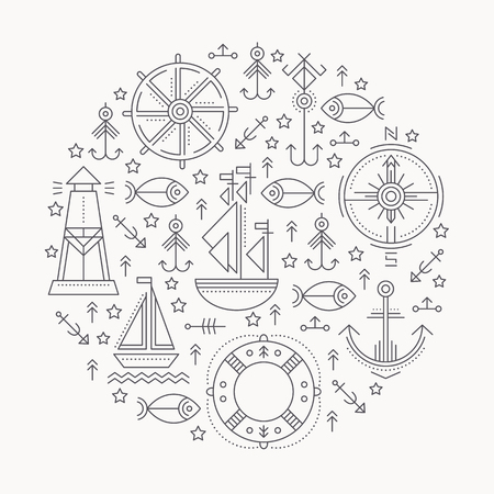 Vector illustration with outlined seafaring and nautical signs forming a circle. Black and white color palette. Minimalistic design layout for businessのイラスト素材
