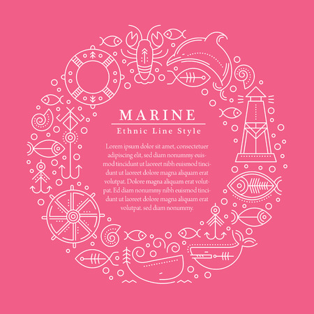 Vector illustration with outlined nautical signs and marine animals forming a ring. Minimalistic design layout for businessのイラスト素材