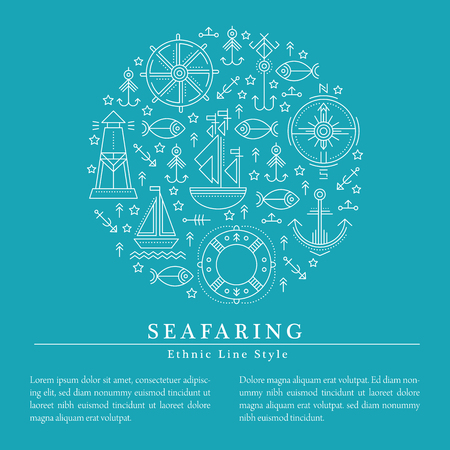 Vector illustration with outlined seafaring and nautical signs forming a circle. Minimalistic design layout for businessのイラスト素材