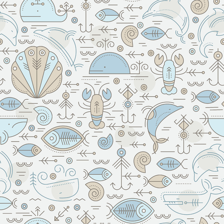 seamless pattern with outlined sea animals signs. Pastel tints of blue and tan on a white background. Minimalistic design for businessのイラスト素材