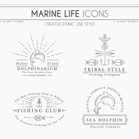 Set of premium class emblems with sea dolphin, dolphinarium, fishing club. Thin line style. Minimalistic vintage outlined logosのイラスト素材
