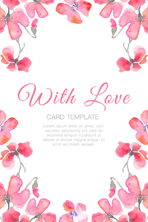 Watercolor floral background with red and pink poppies. With love - hand drawn vertical card template. Romantic fragile flowers on a white. Raster illustrationの写真素材