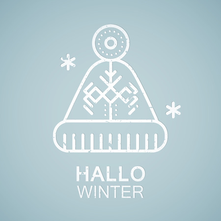 Line style emblem with stylized woolen winter hat. Minimalistic outlined Hallo Winter greeting card template. Pastel blue tintsのイラスト素材