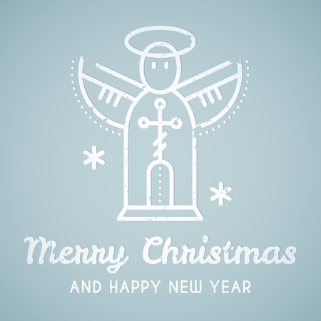 Line style emblem with stylized Christmas angel. Minimalistic outlined Merry Christmas and Happy New Year greeting card template. Pastel blue tintsのイラスト素材