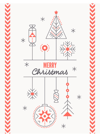 Merry Christmas greeting card template with stylized Christmas decorations. Minimalistic thin line styleのイラスト素材