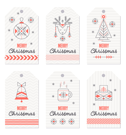 Collection of New Year and Christmas gift tags. Card templates with holiday symbols. Creative tribal line style design layout. Minimalistic ready to use black and red setgift tagsのイラスト素材