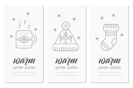 Collection of Winter greeting card template with winter symbols (hot tea, warm knitted sock and woolen hat). Creative tribal line style design layout. Minimalistic monochrome setのイラスト素材