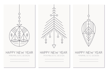 Collection of Happy New Year greeting card templates with hanging decorations. Creative tribal line style design layout. Minimalistic monochrome setのイラスト素材