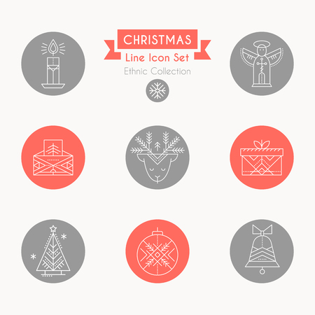 Christmas icon set. Collection of creative line style round badges. Minimalistic outlined winter holidays signs.のイラスト素材