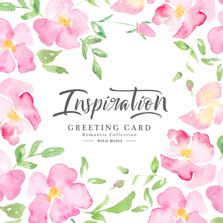 Watercolor wild roses - floral background. Pink fragile flowers on a white background. Fresh romantic design for invitation, wedding or greeting cards. Raster illustrationの写真素材