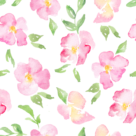 Watercolor wild roses - floral seamless pattern. Pink fragile flowers on a white background. Fresh romantic design for invitation, wedding or greeting cards. Raster illustrationの写真素材