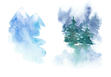 Set of winter watercolor illustrations - snowy mountains, landscape with firs. Raster collection isolated on whiteの写真素材