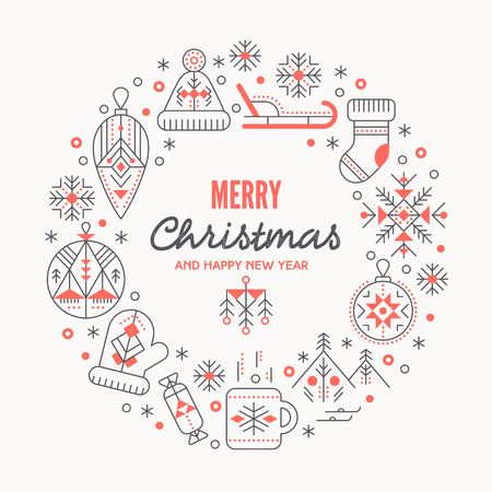 Christmas greeting card template with outlined signs forming a ring. Black and red color palette. Minimalistic design layout. Creative tribal line style backgroundのイラスト素材
