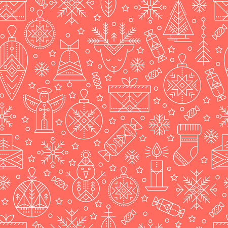 Christmas seamless pattern with outlined holiday and winter signs. White and red color palette. Minimalistic design layout. Creative tribal line style backgroundのイラスト素材