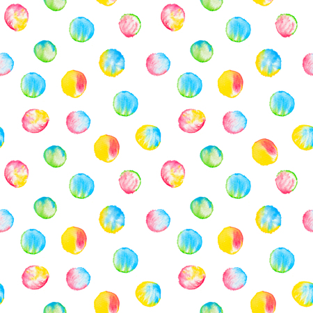 Watercolor seamless pattern with colorful circles. Hand drawn round shapes. Vibrant happy backgroundの写真素材