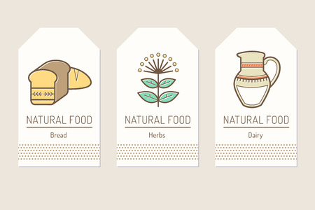 Set of card templates with outlined natural food signsのイラスト素材