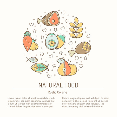 Illustration with outlined natural food signs forming circleのイラスト素材