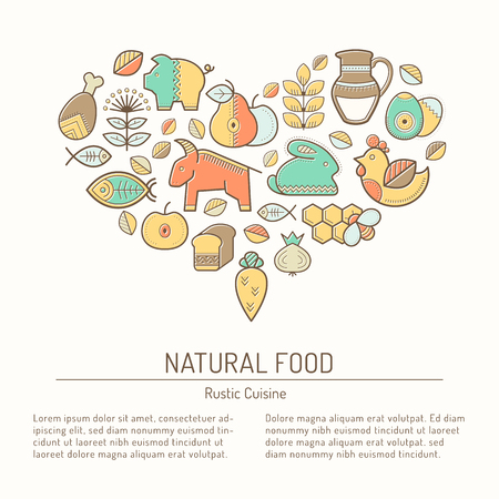 Illustration with outlined natural food signs forming heartのイラスト素材