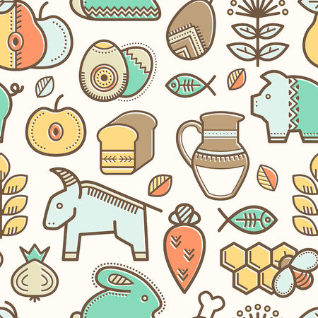 Seamless pattern with outlined food signs (cereals, fruits, meat, vegetables, milk, eggs, fish, honey) in creative ethnic style. Happy babyish color paletteのイラスト素材