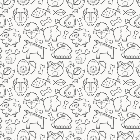 Vector seamless pattern with outlined protein food signs. Farm animal, sorts of meat. Black and white minimalist background. Linear design for businessのイラスト素材