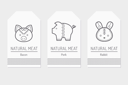 Set of card templates with outlined protein food signs. Farm animal, sorts of meat. Black and white minimalist tag layout. Linear design for businessのイラスト素材