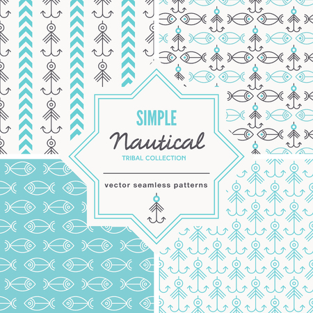 Set of Nautical seamless pattern with outlined and abstract geometric signs. White and red color palette. Minimalistic holiday. Creative tribal line styleのイラスト素材