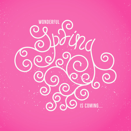 Beautiful spring. Vector hand lettering with elegant swashes placed on vibrant pink round blot. Iolated on white backgroundのイラスト素材